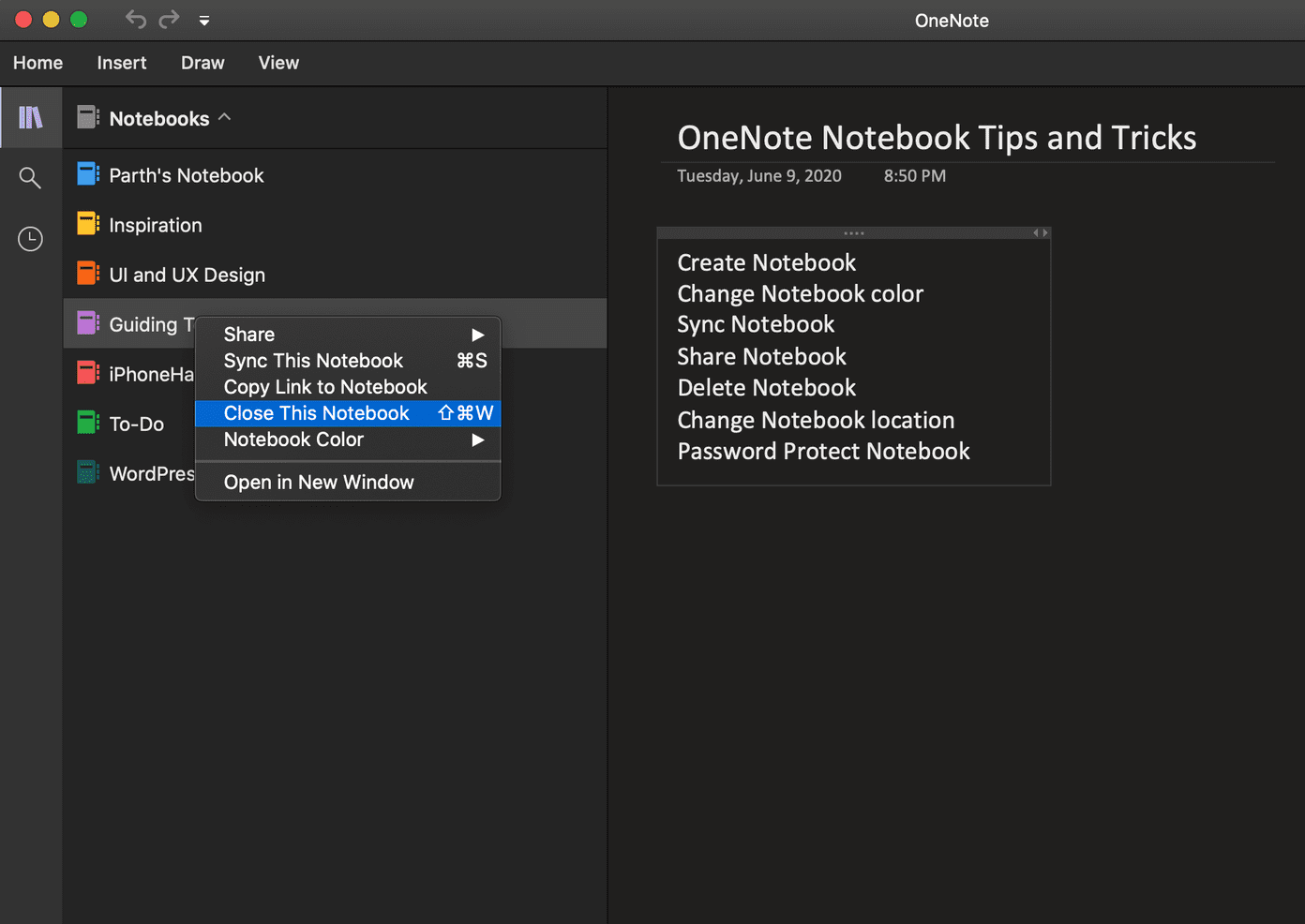 Onenote close notebook