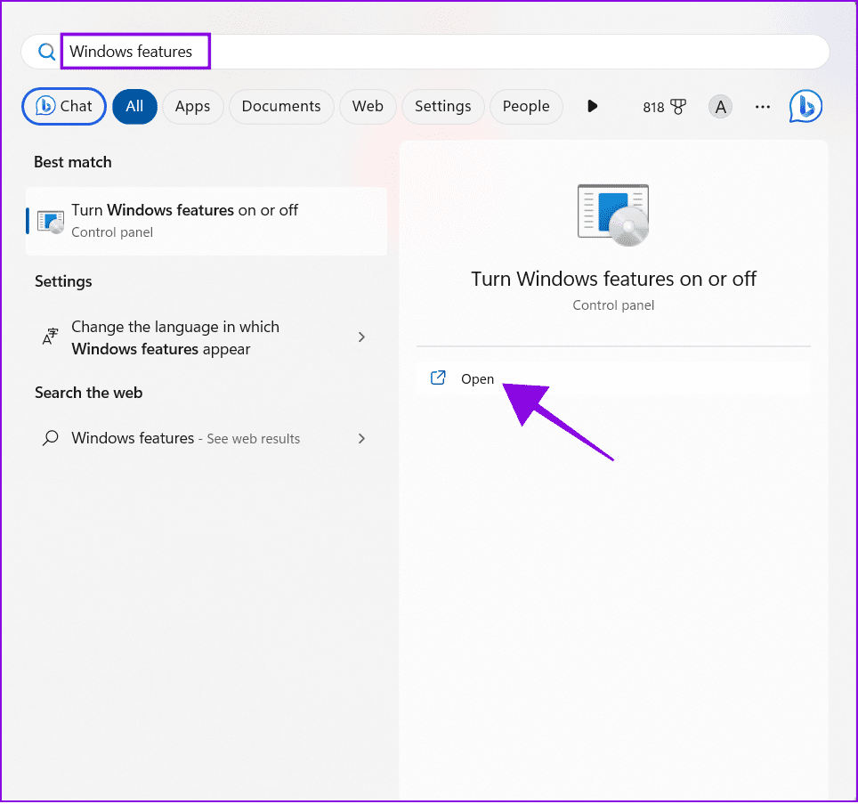 open Windows features from Start
