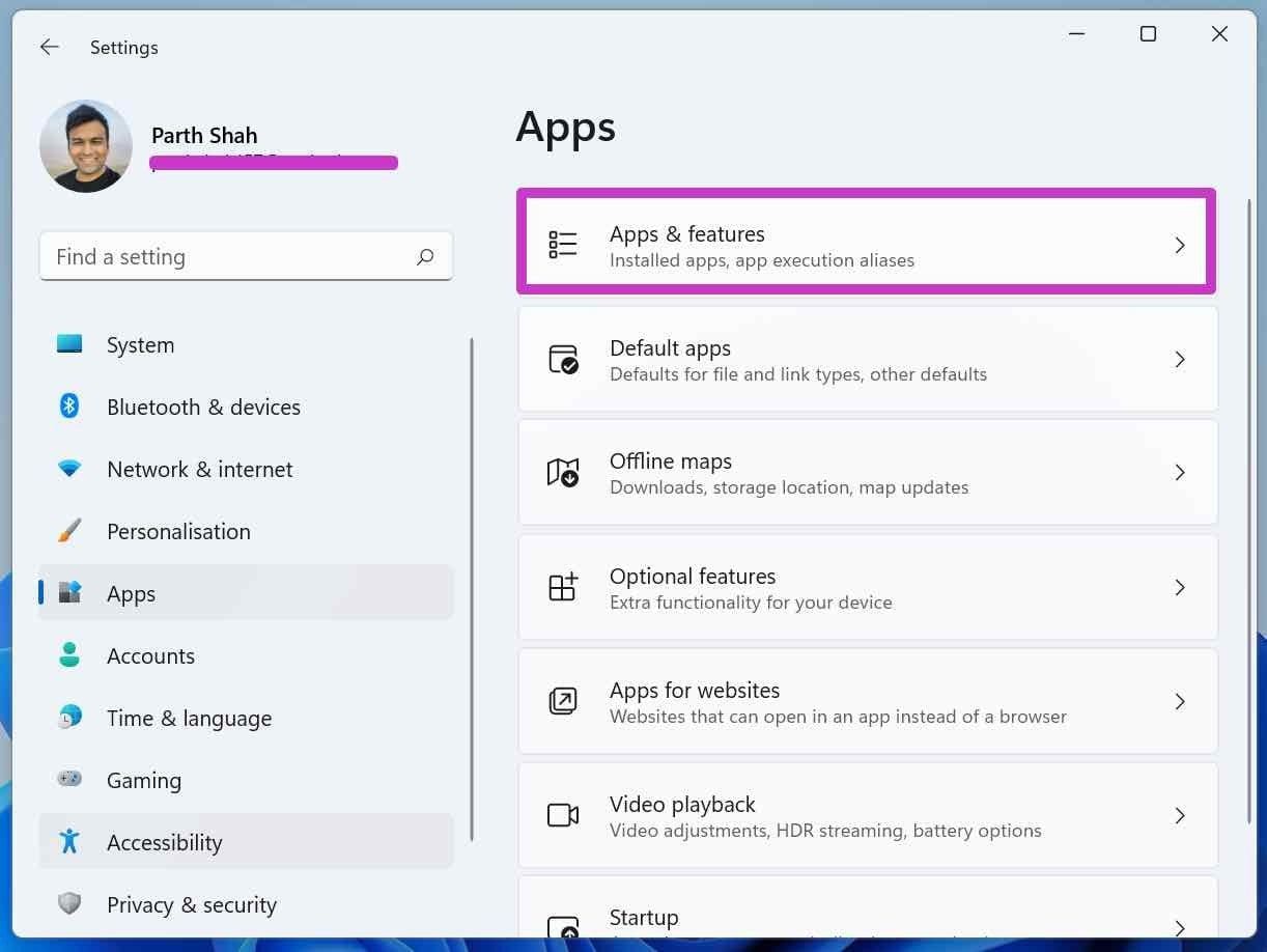 Open apps and features menu