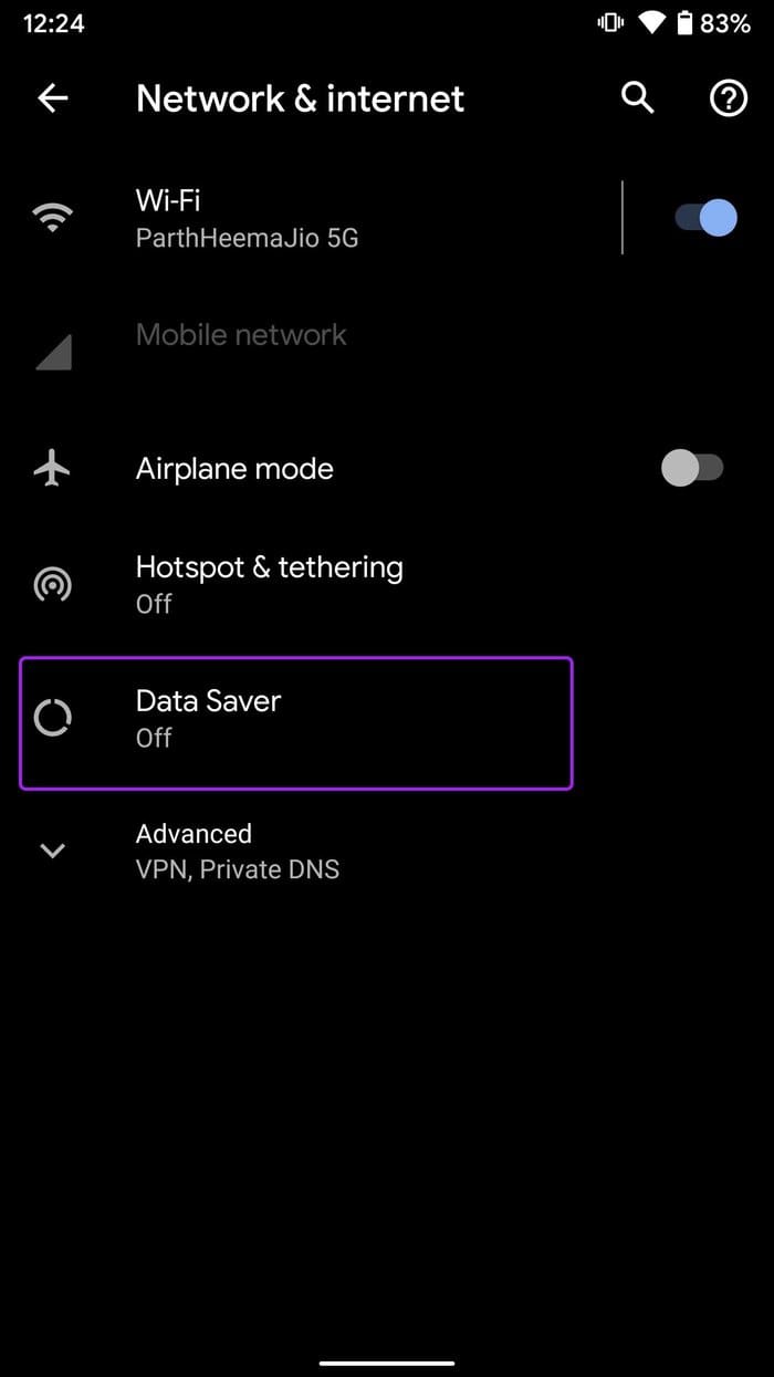 Open data saver menu apps not updating on android
