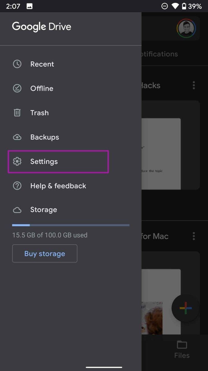 Open google drive settings