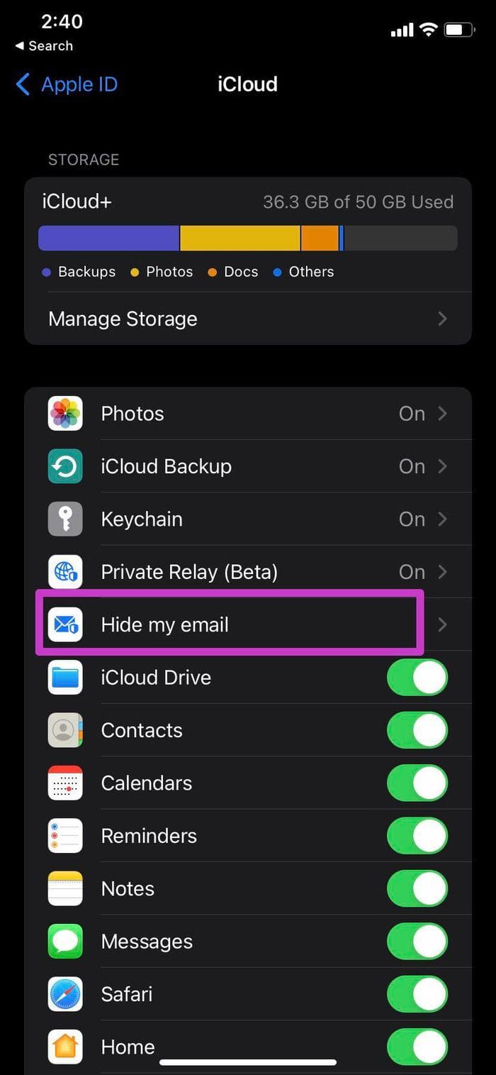 Open hide my email