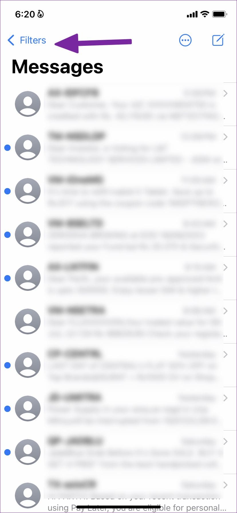 Open filters in Messages on iPhone