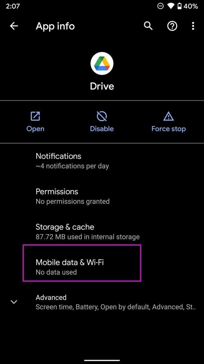 Open mobile data and wifi menu
