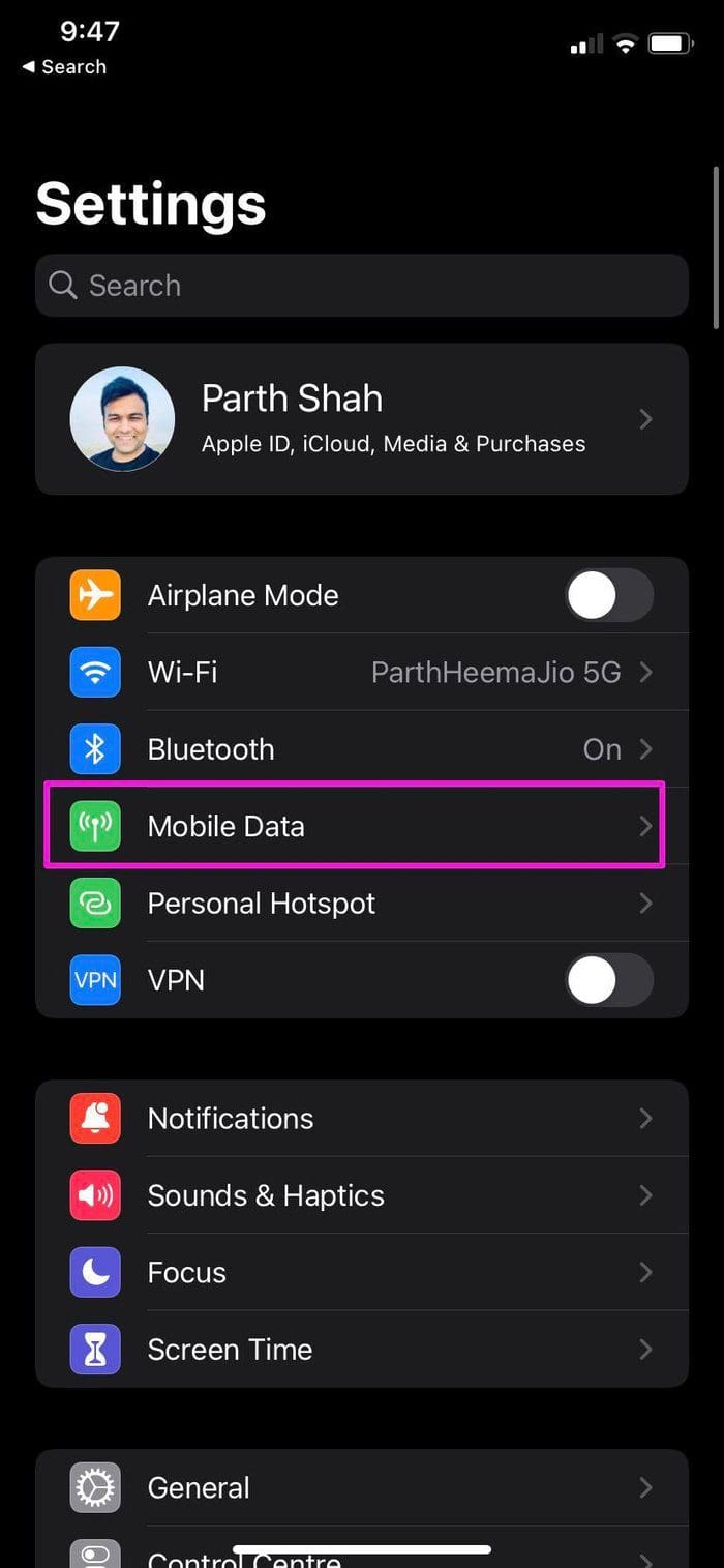 Open mobile data menu