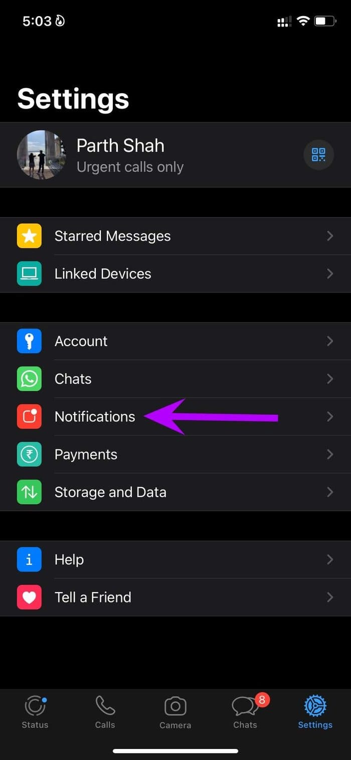 Open notificaiton in whatsapp settings