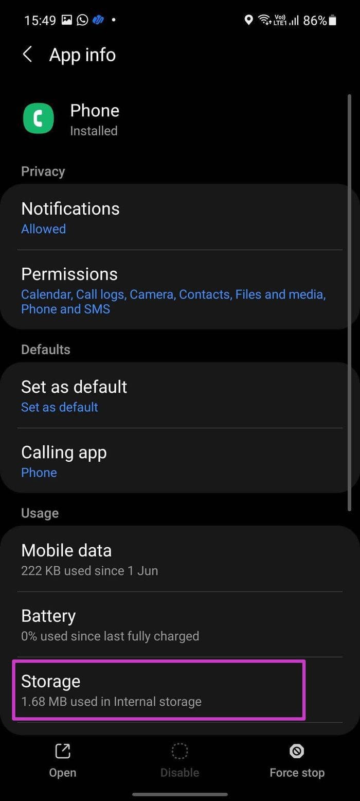Open phone storage menu