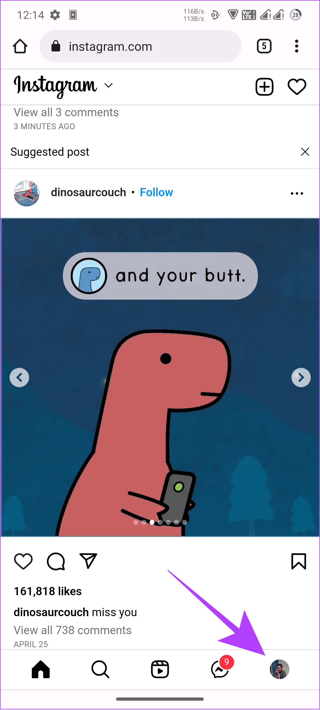 open profile on Instagram on mobile browser