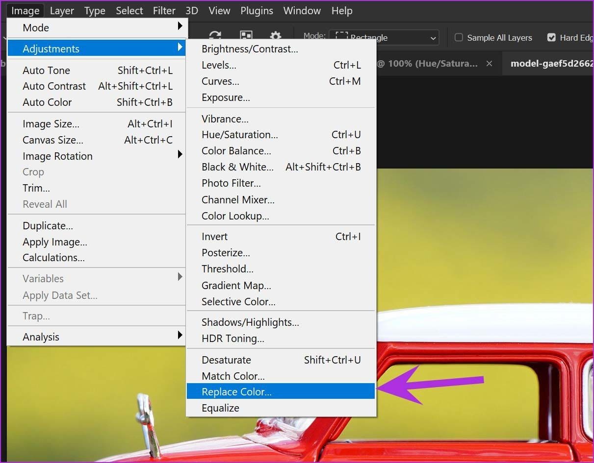 Open replace color menu