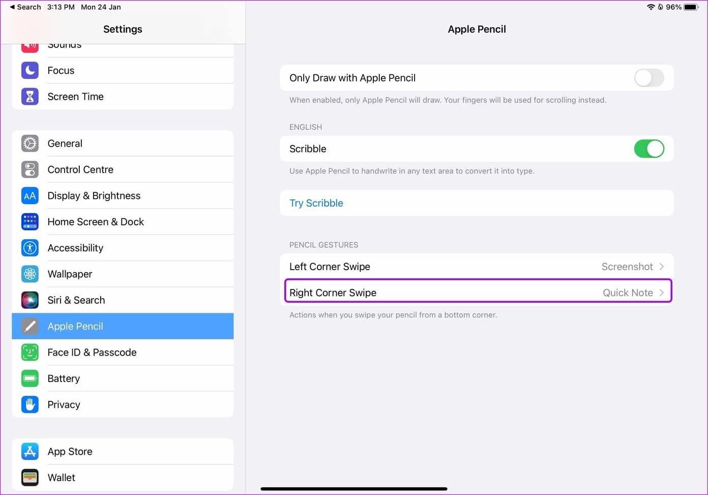 Open right corner swipe disable quick note corner on i Pad and Mac