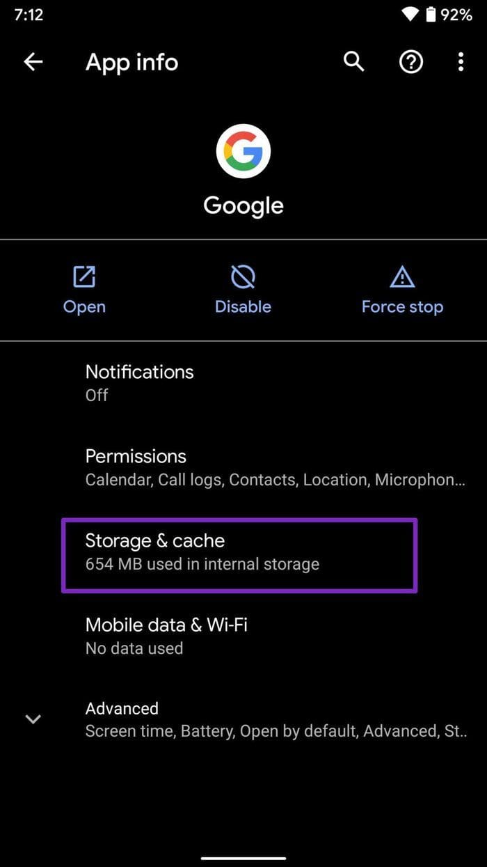 Open storage and cache menu