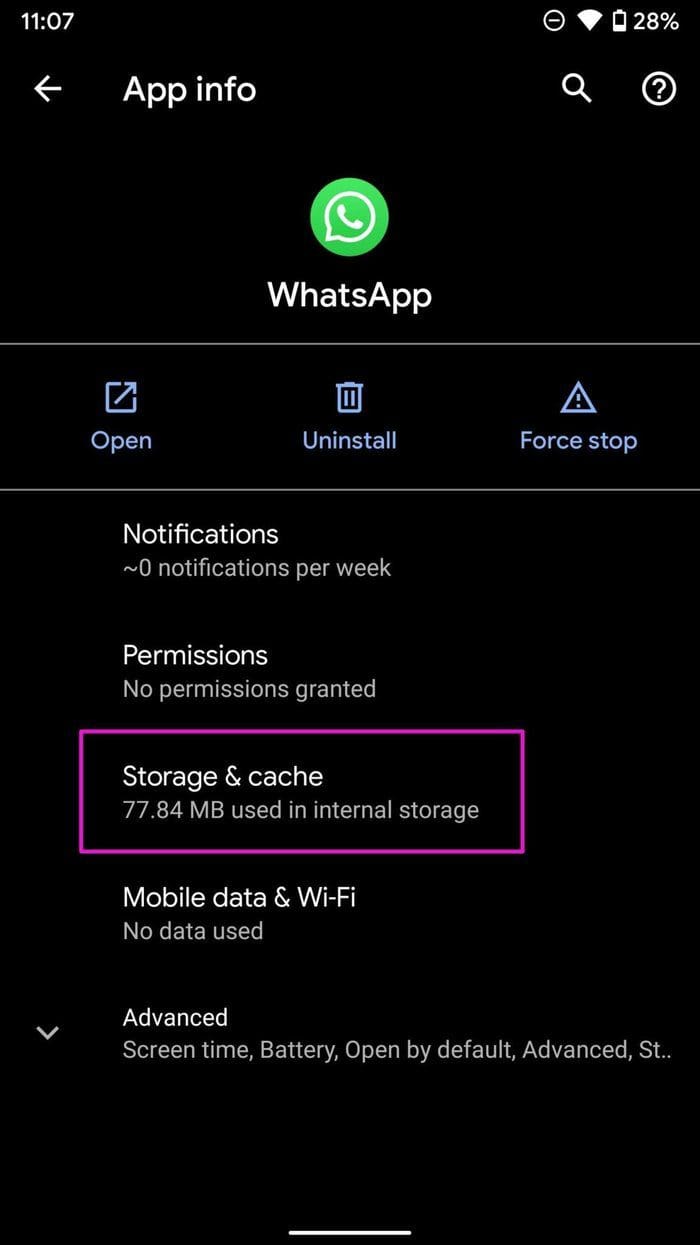 Open storage and cache menu