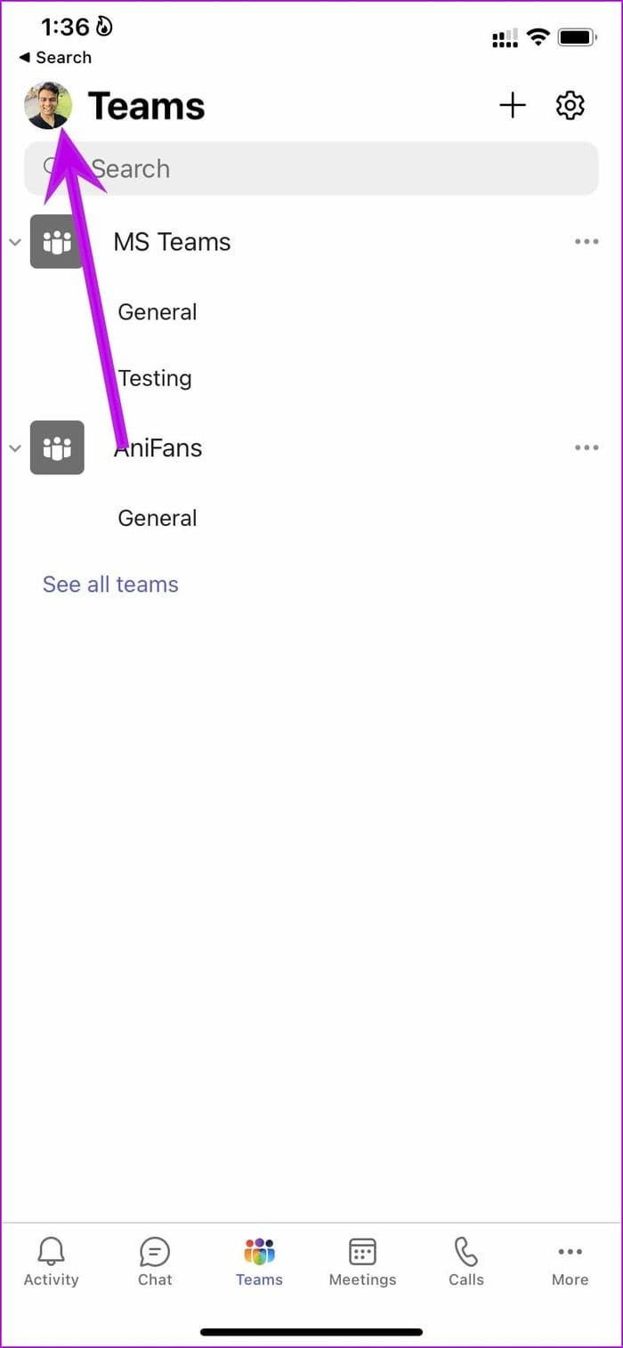 Open teams profile menu teams
