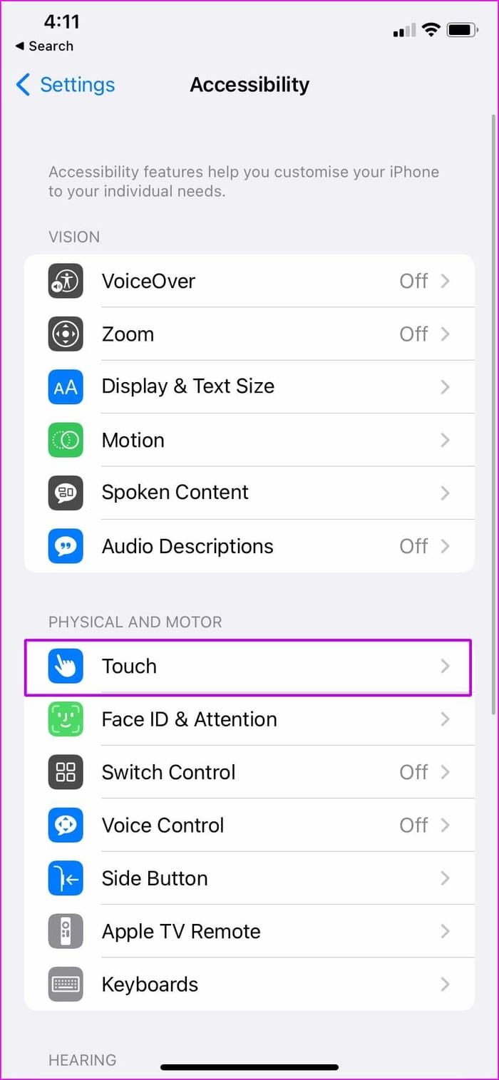 Open touch menu