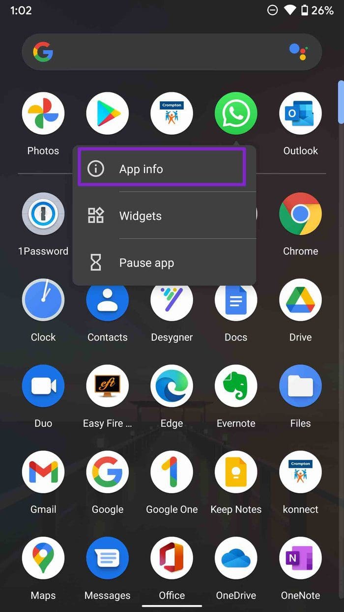 Open whatsapp app info menu