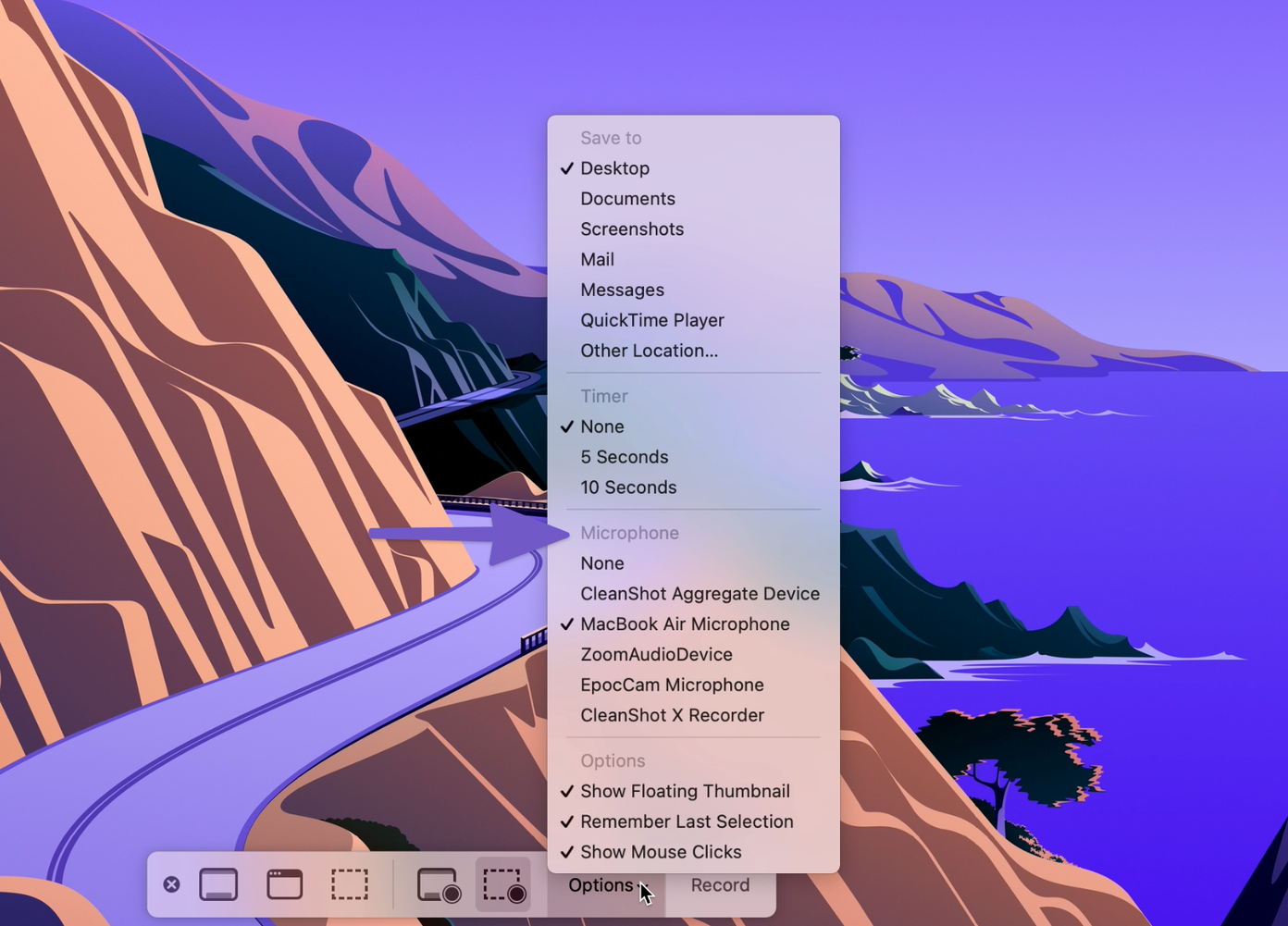 Options menu
