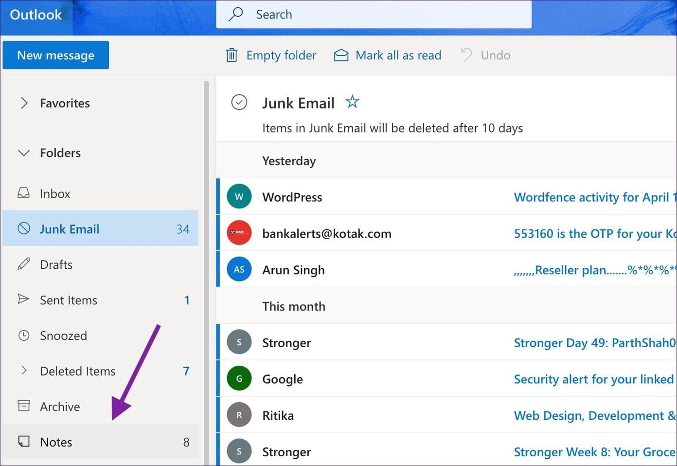 Outlook web sticky notes