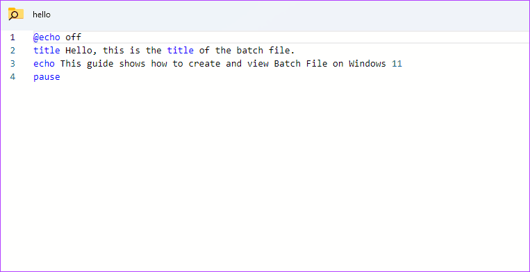 peek window showing batch file content