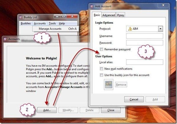 Pidgin Add Accounts