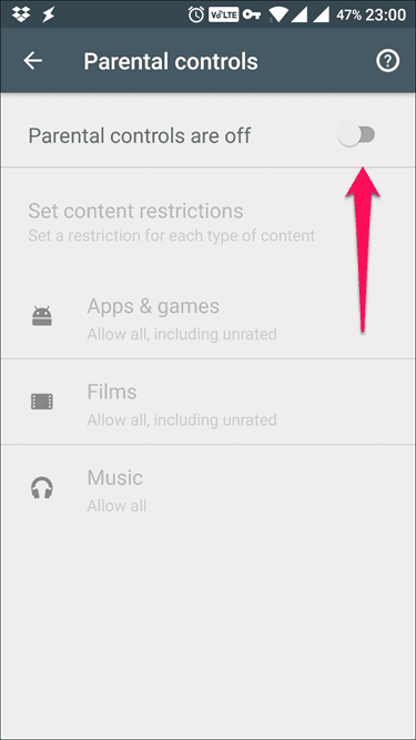 Play Store Parental Controls Pin