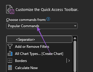 popular commands quick access toolbar excel