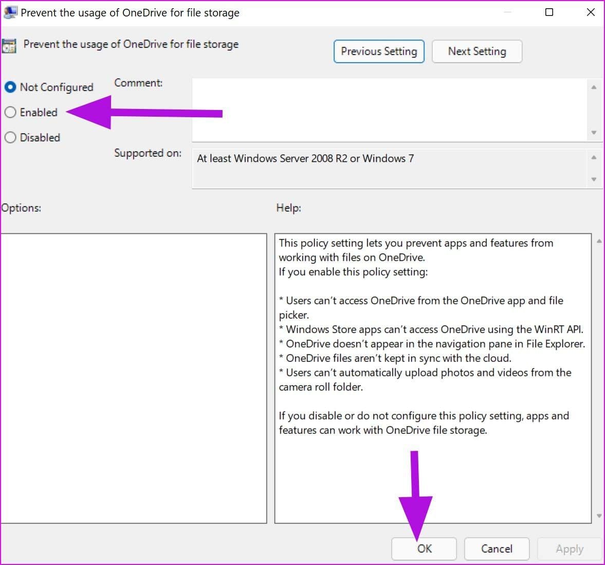 Prevent onedrive from group policy editor