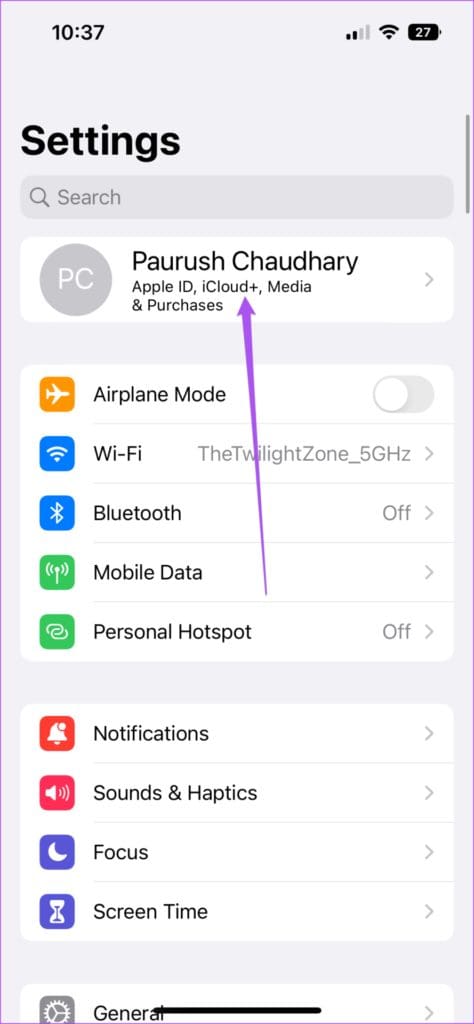 profile name settings iphone
