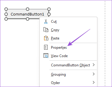 properties command button excel