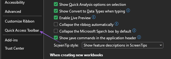quick access toolbar excel windows 11