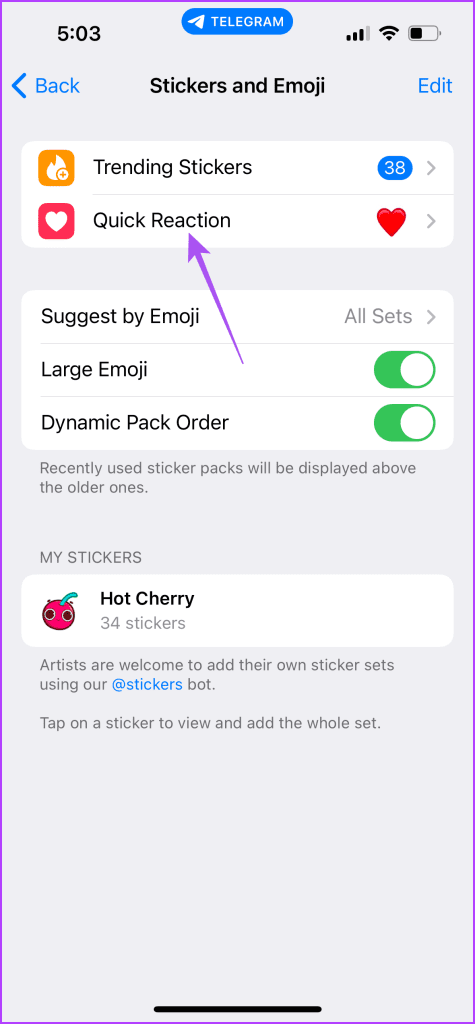 quick reaction settings telegram