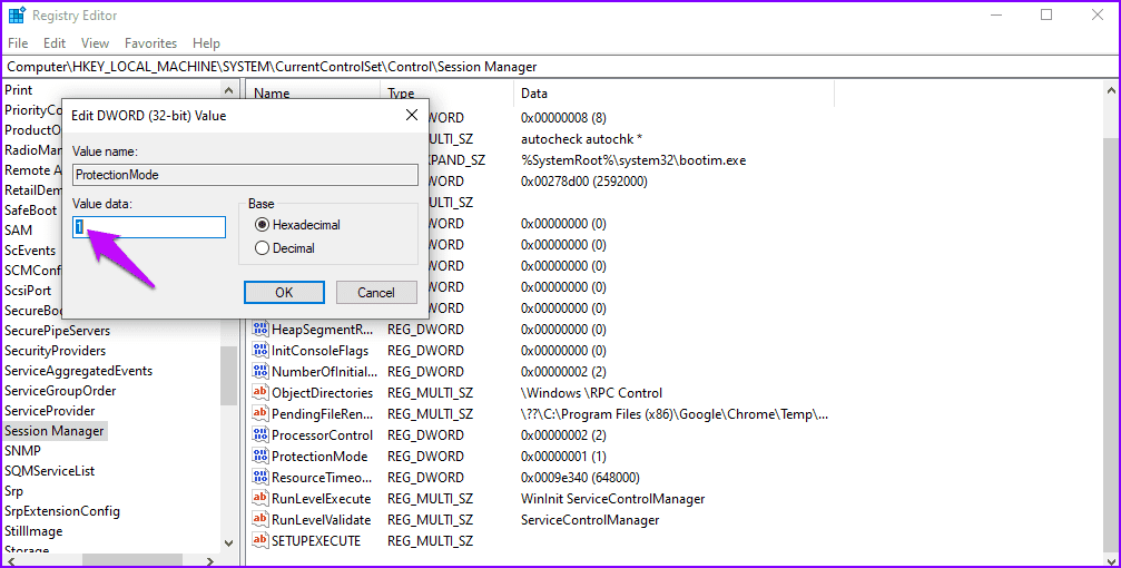 Registry editor protection mode set value