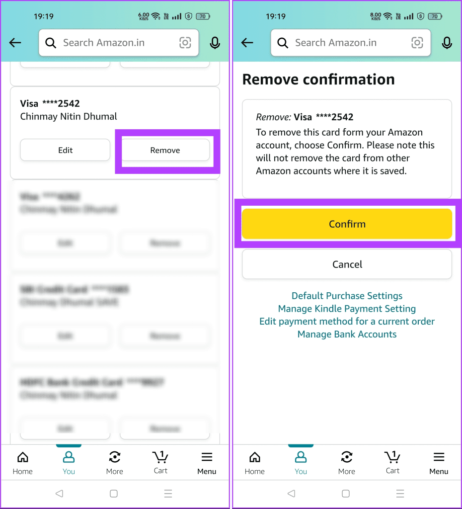 remove card from amazon app