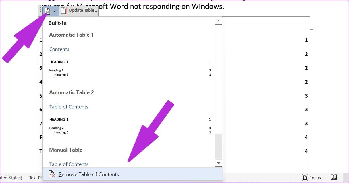 Remove table of contents