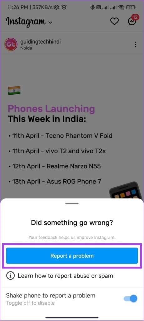 report issue on Instagram