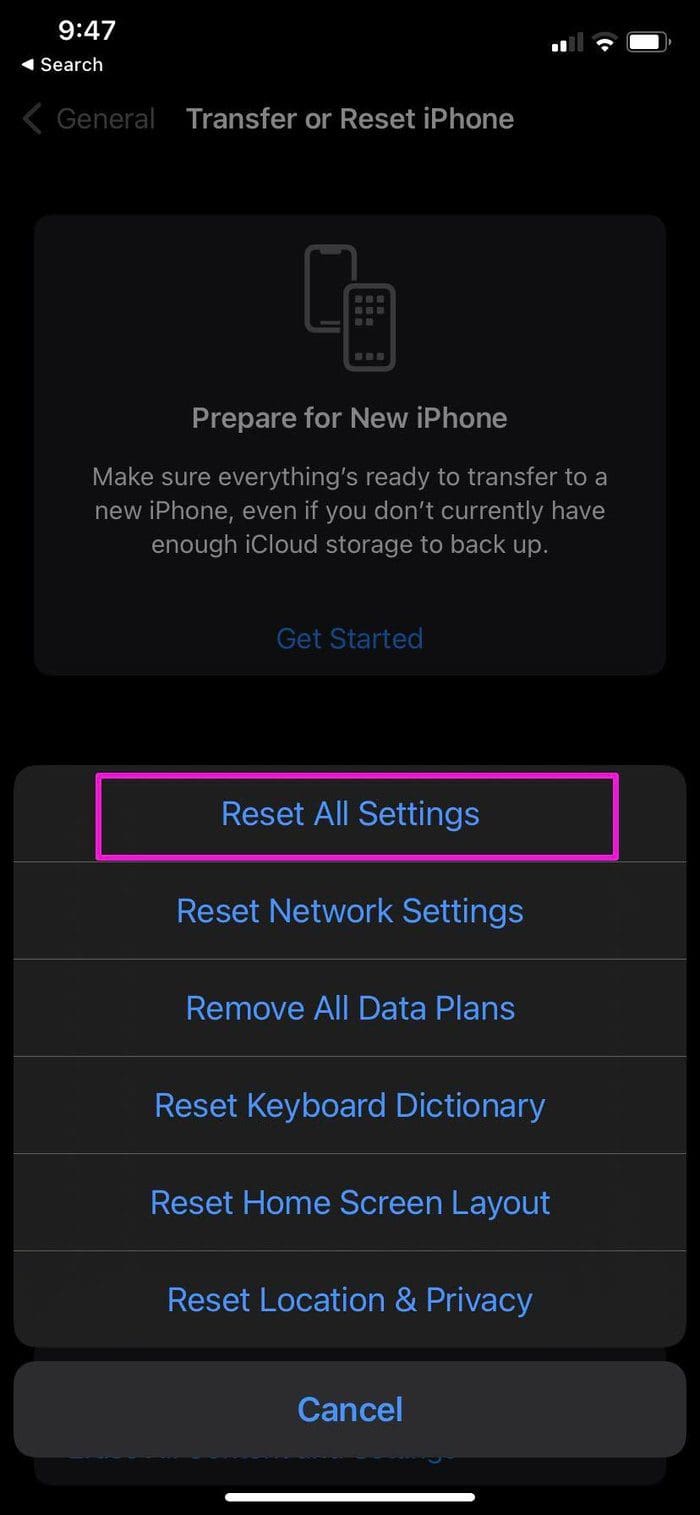 Reset all settings