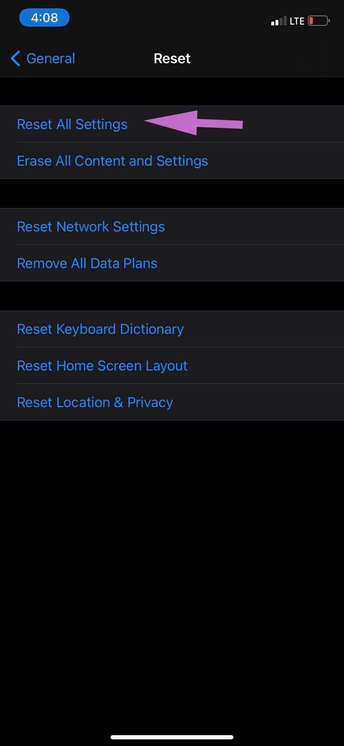 Reset all settings