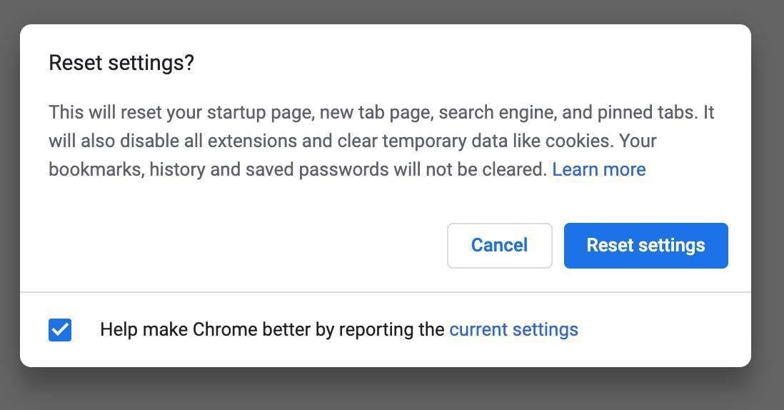 Reset chrome settings