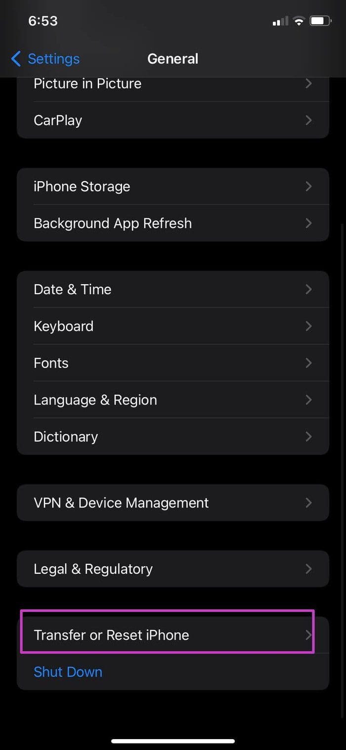 Reset menu