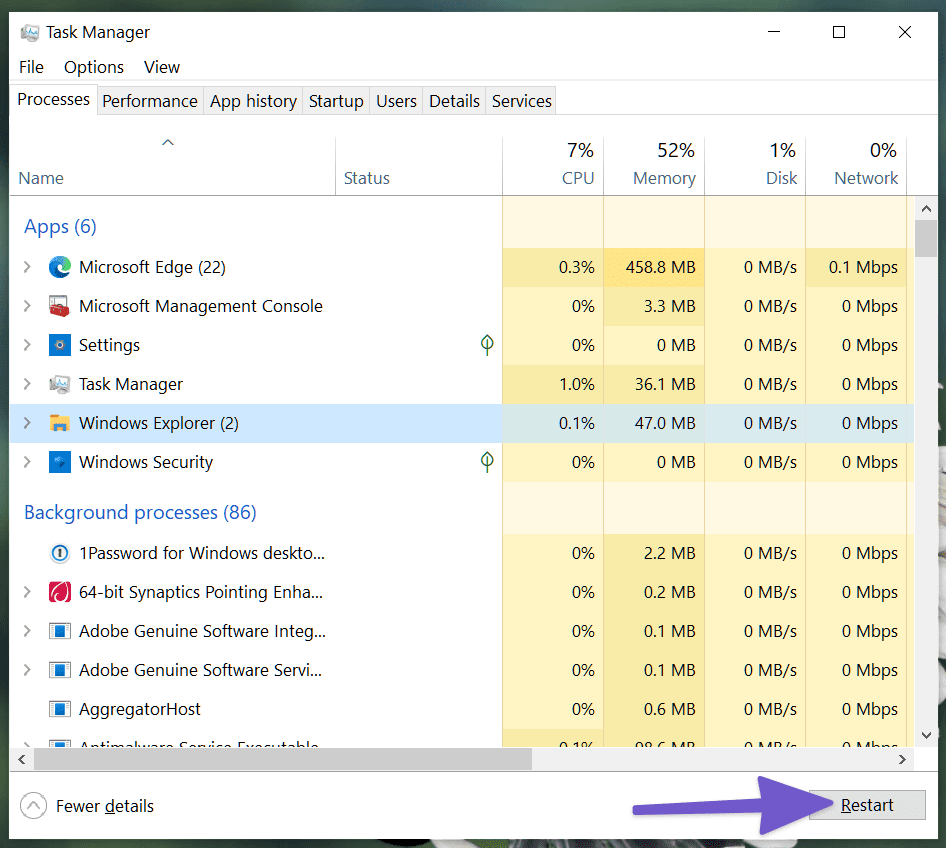 Restart file explorer on windows 10
