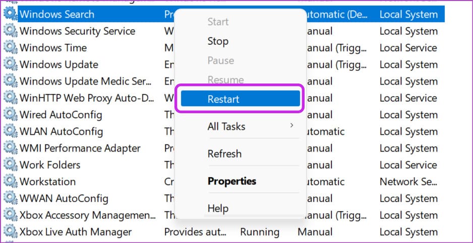 restart Windows search 