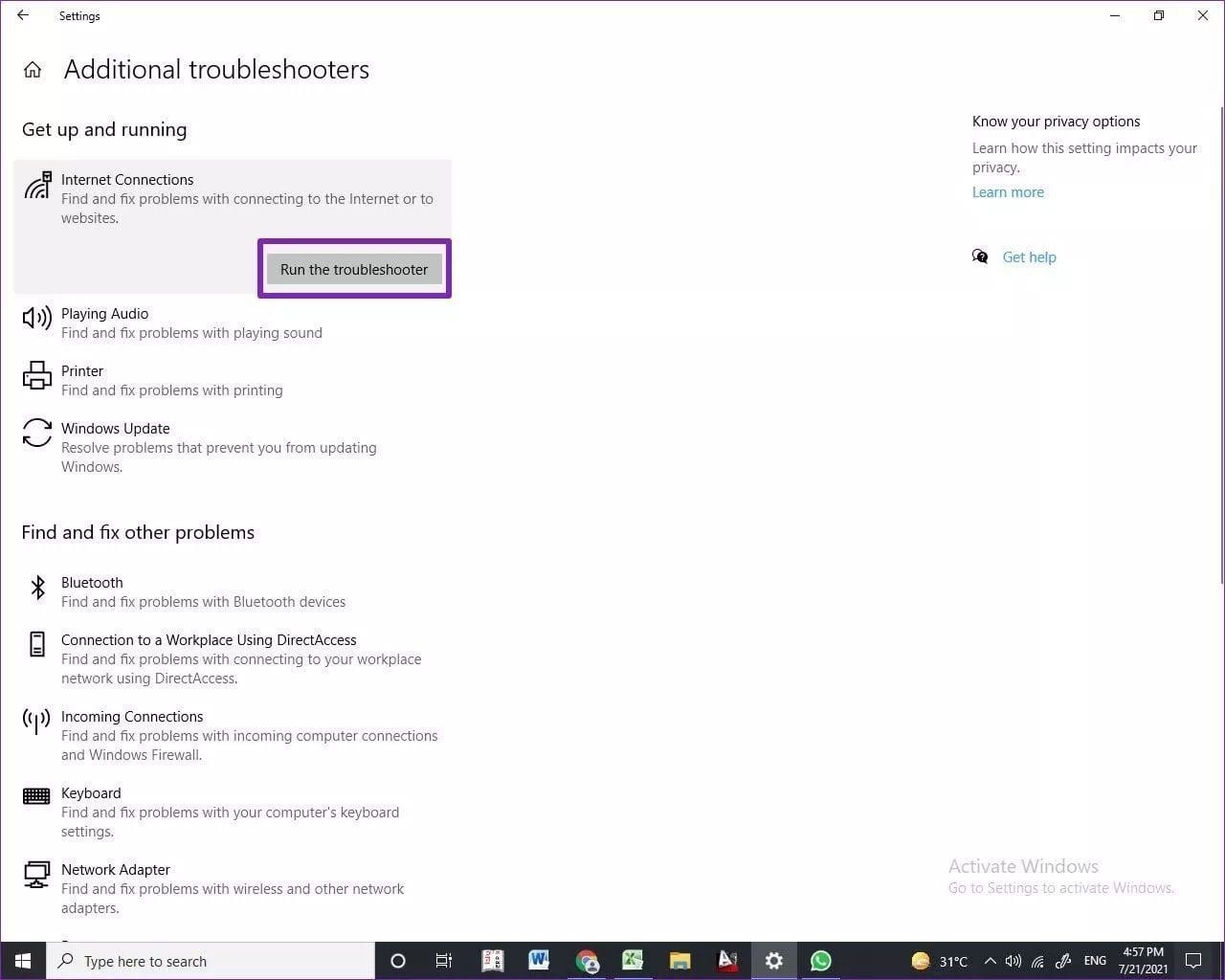 Run internet conenction troubleshooter