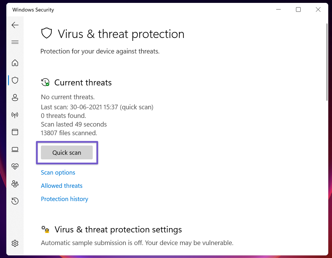 Run quick scan on windows 10