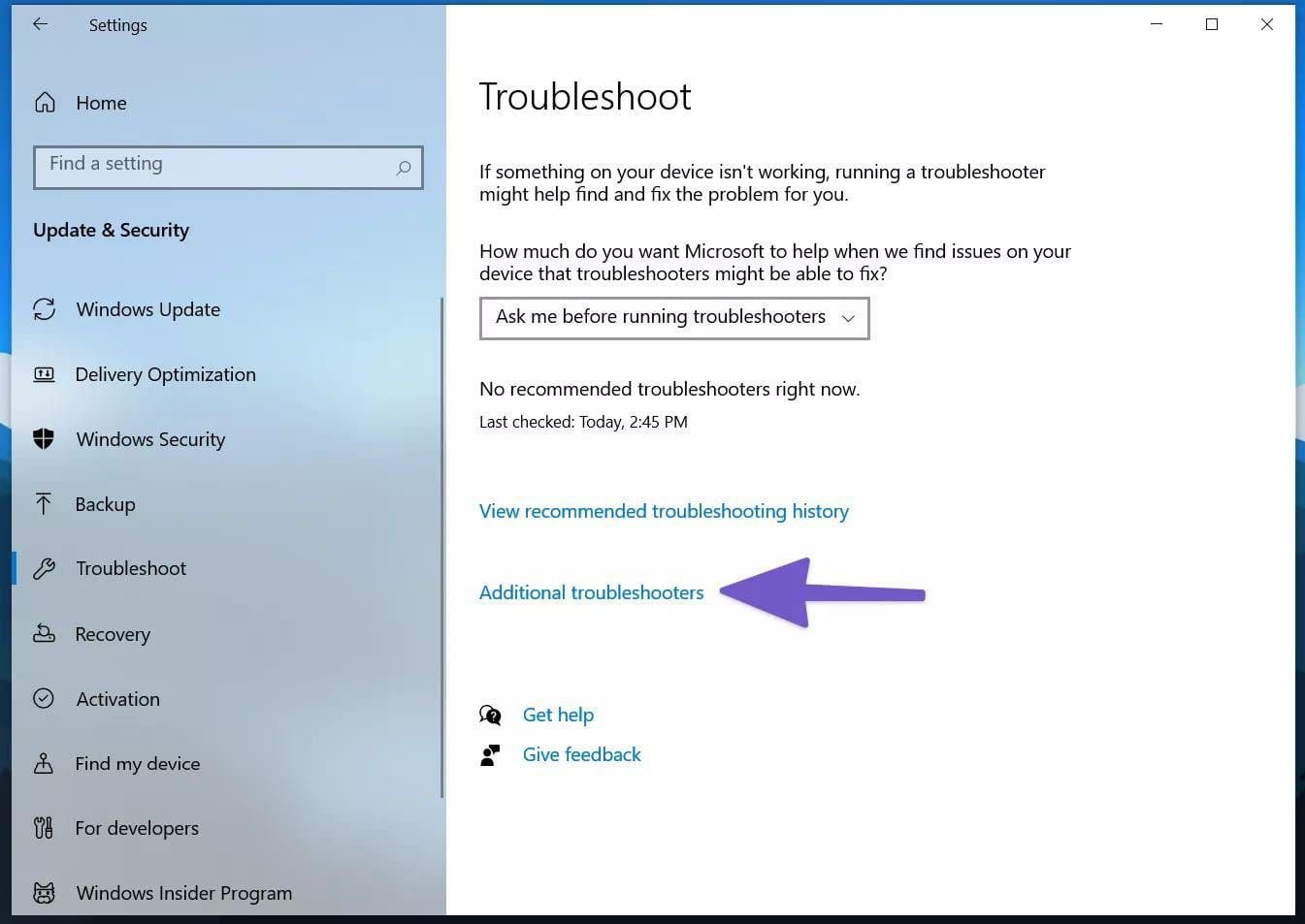 Run troubleshooter in windows 10