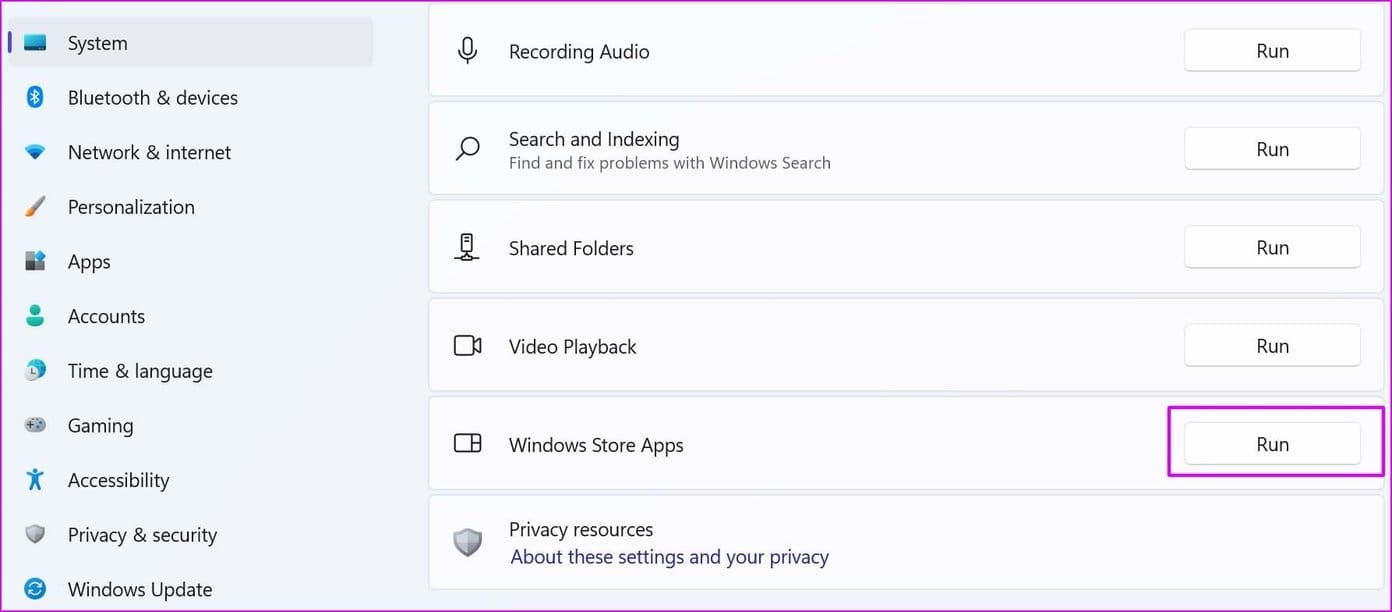 Run windows store apps troubleshooter