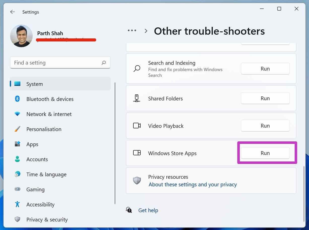 Run windows store troubleshooter