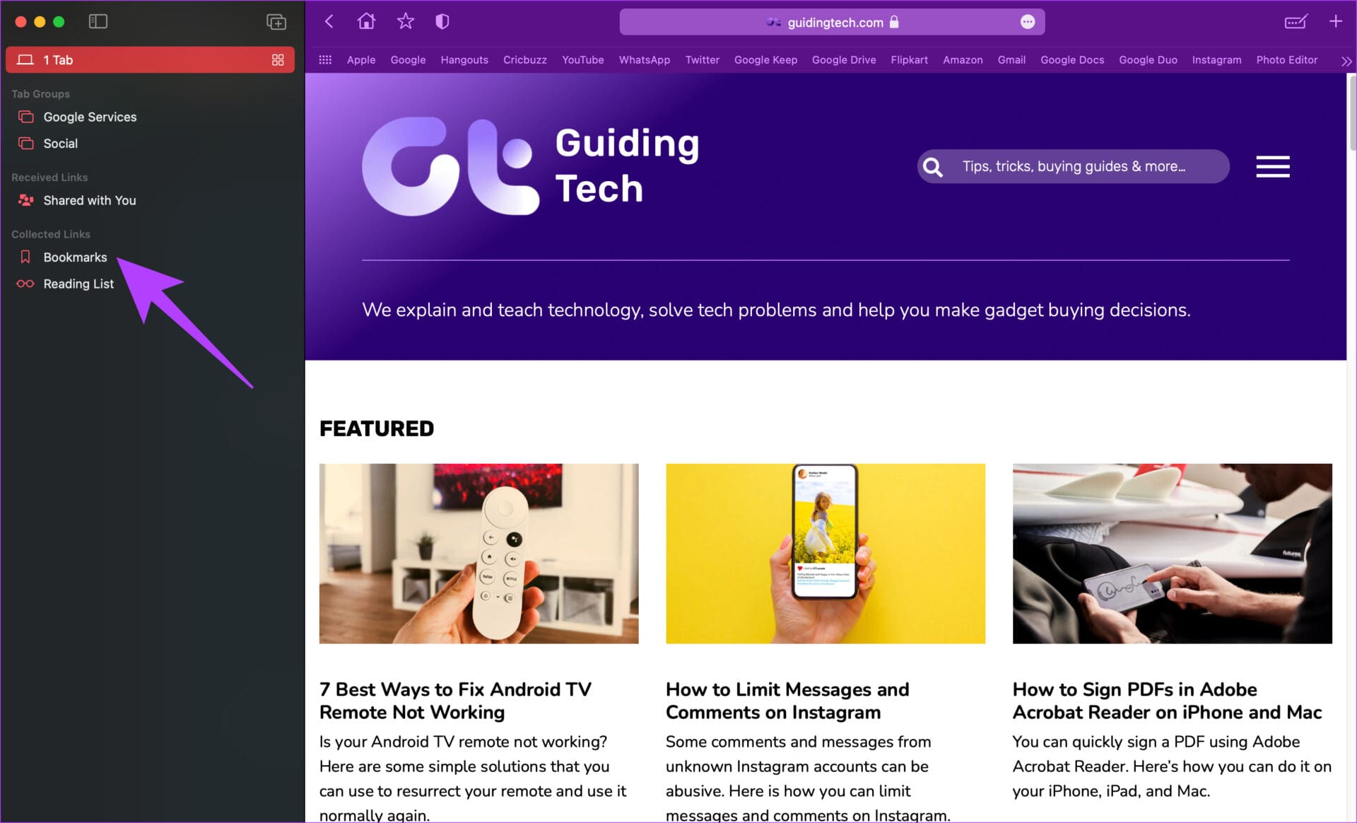 Bookmarks in sidebar