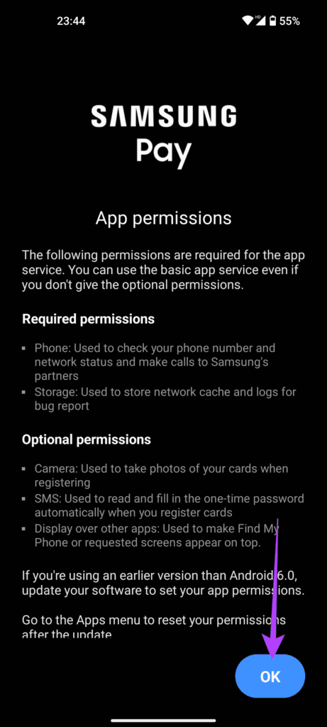 Select OK in the Samsung Pay app