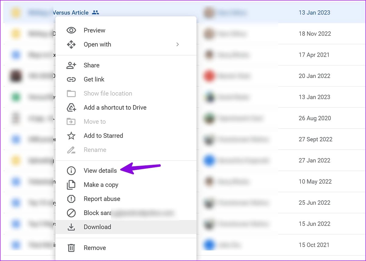 view details of share file on google drive