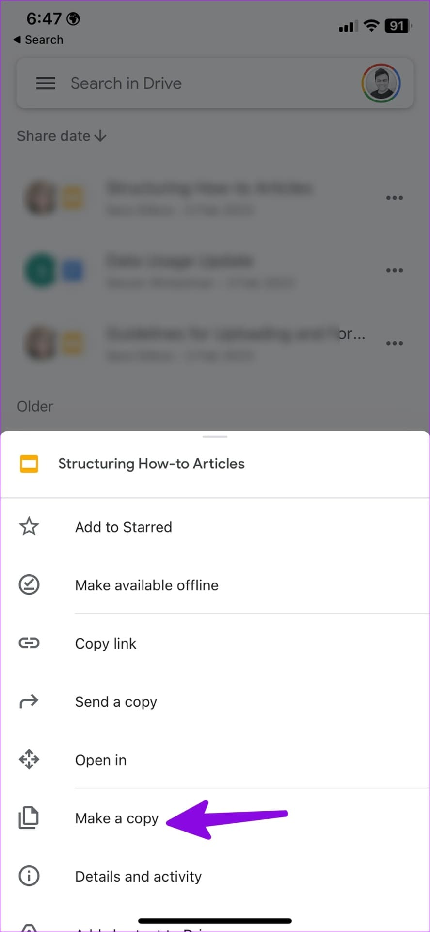 make a copy on google drive for mobile
