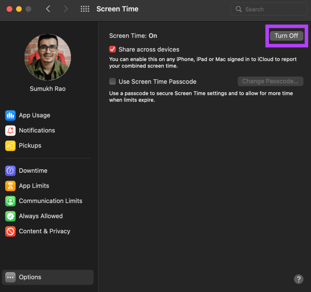 Turn off screen time